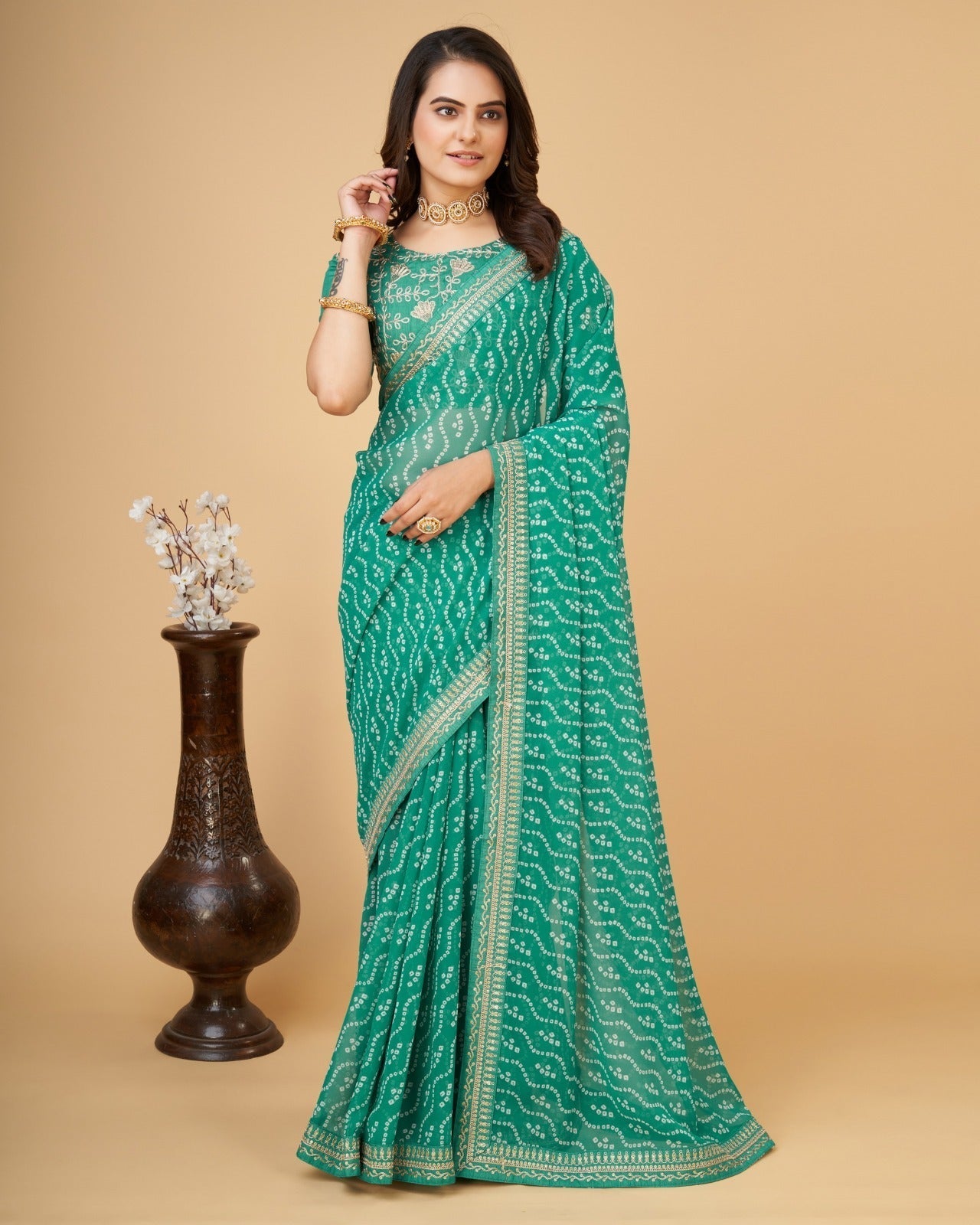 Women print Georgette saree with heavy zari embroidery work lace and blouse