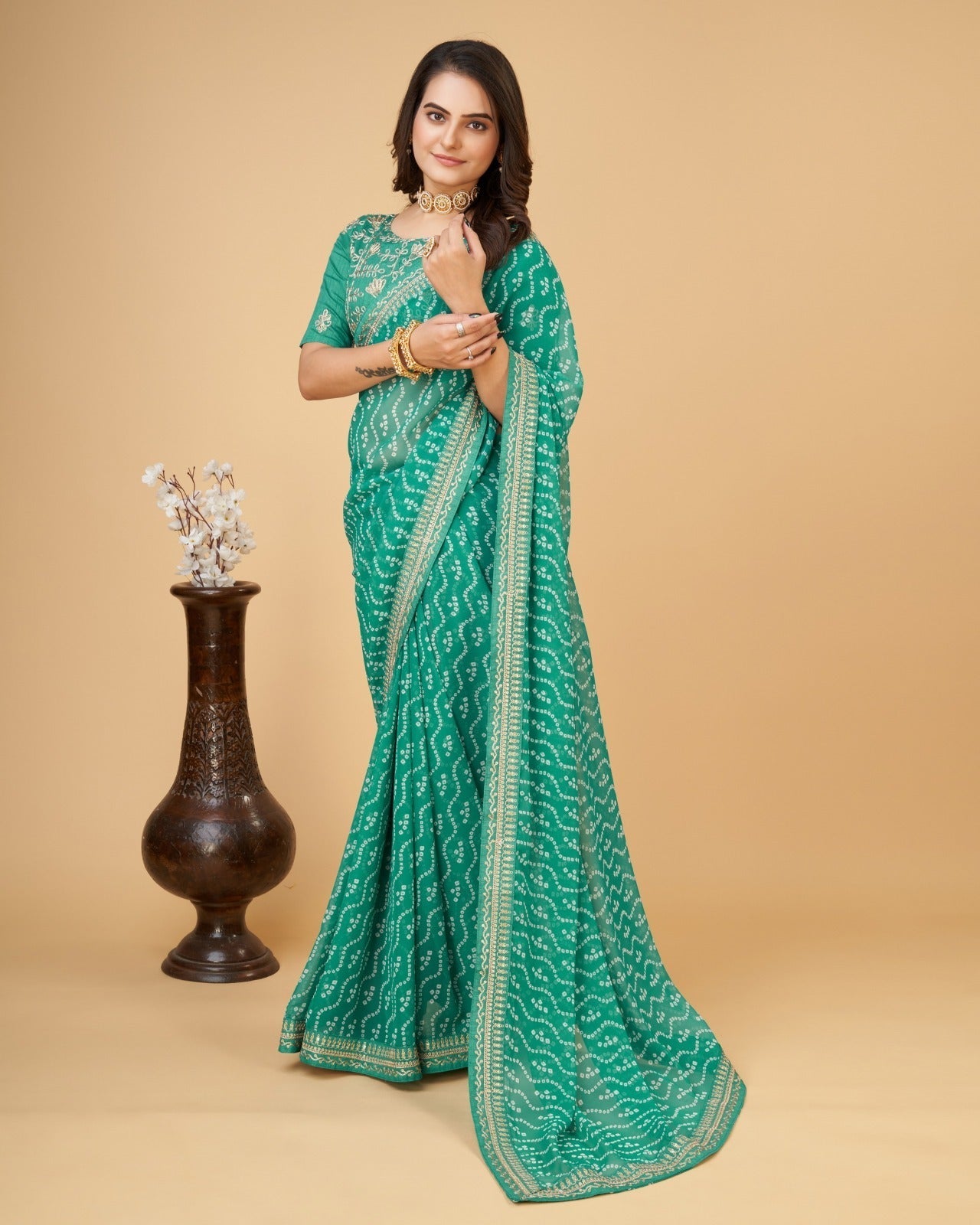 Women print Georgette saree with heavy zari embroidery work lace and blouse