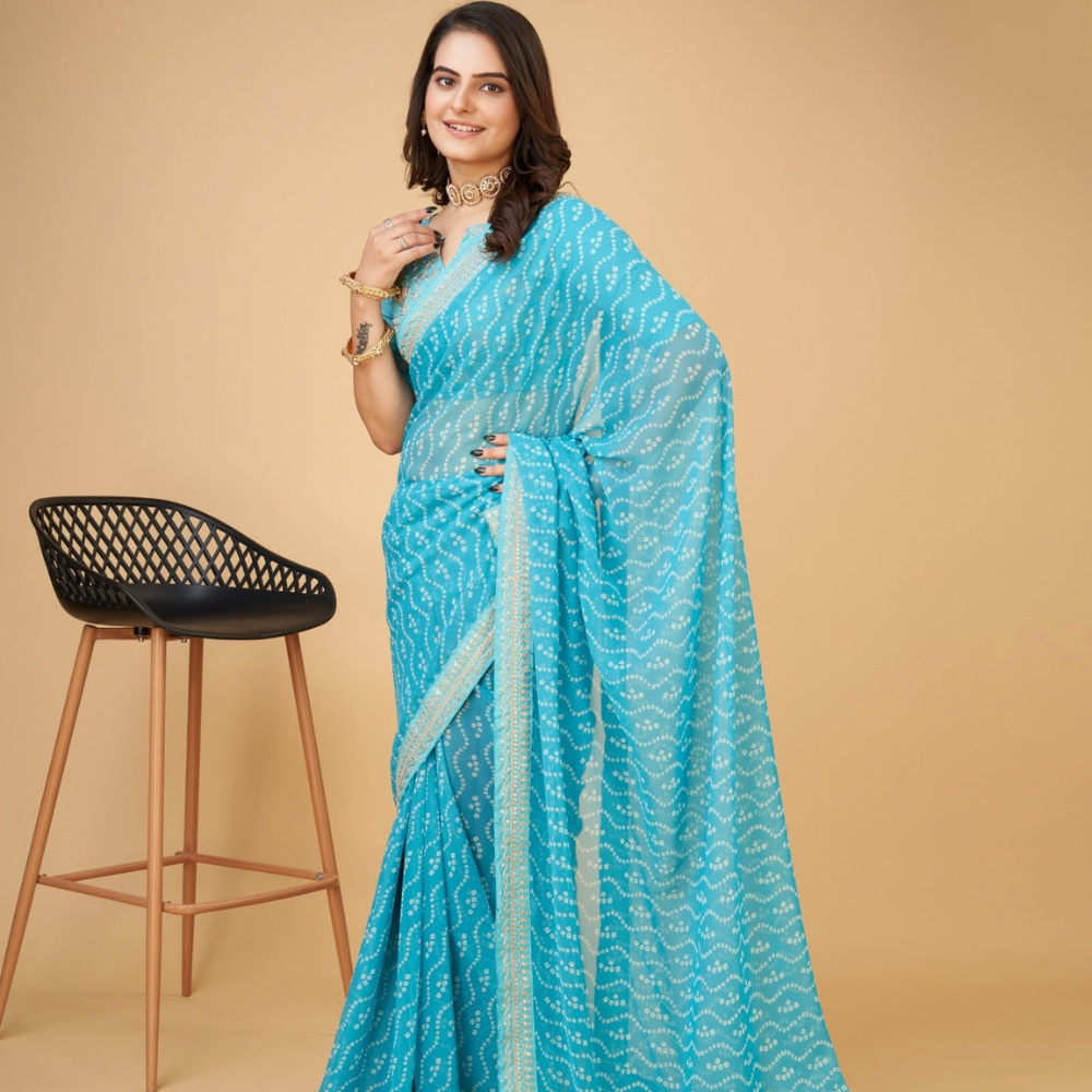 Women print Georgette saree with heavy zari embroidery work lace and blouse