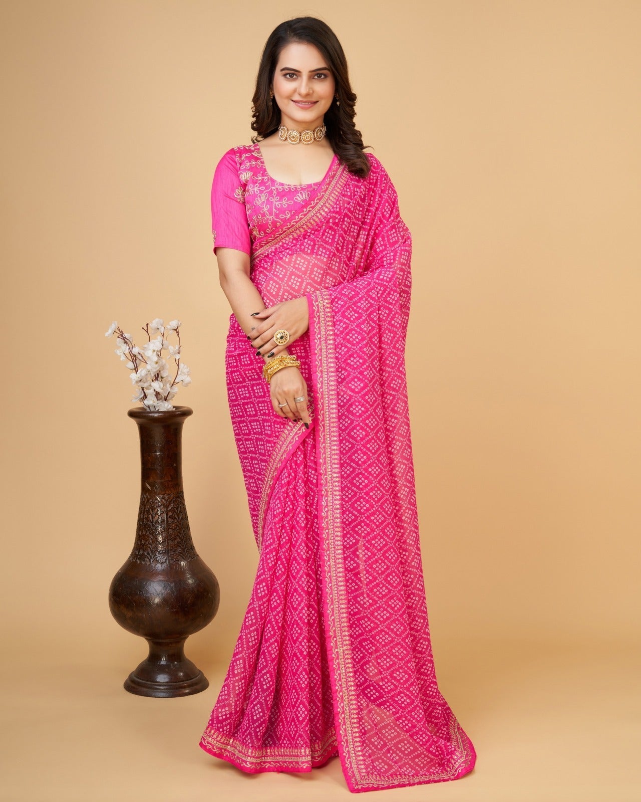 Women print Georgette saree with heavy zari embroidery work lace and blouse