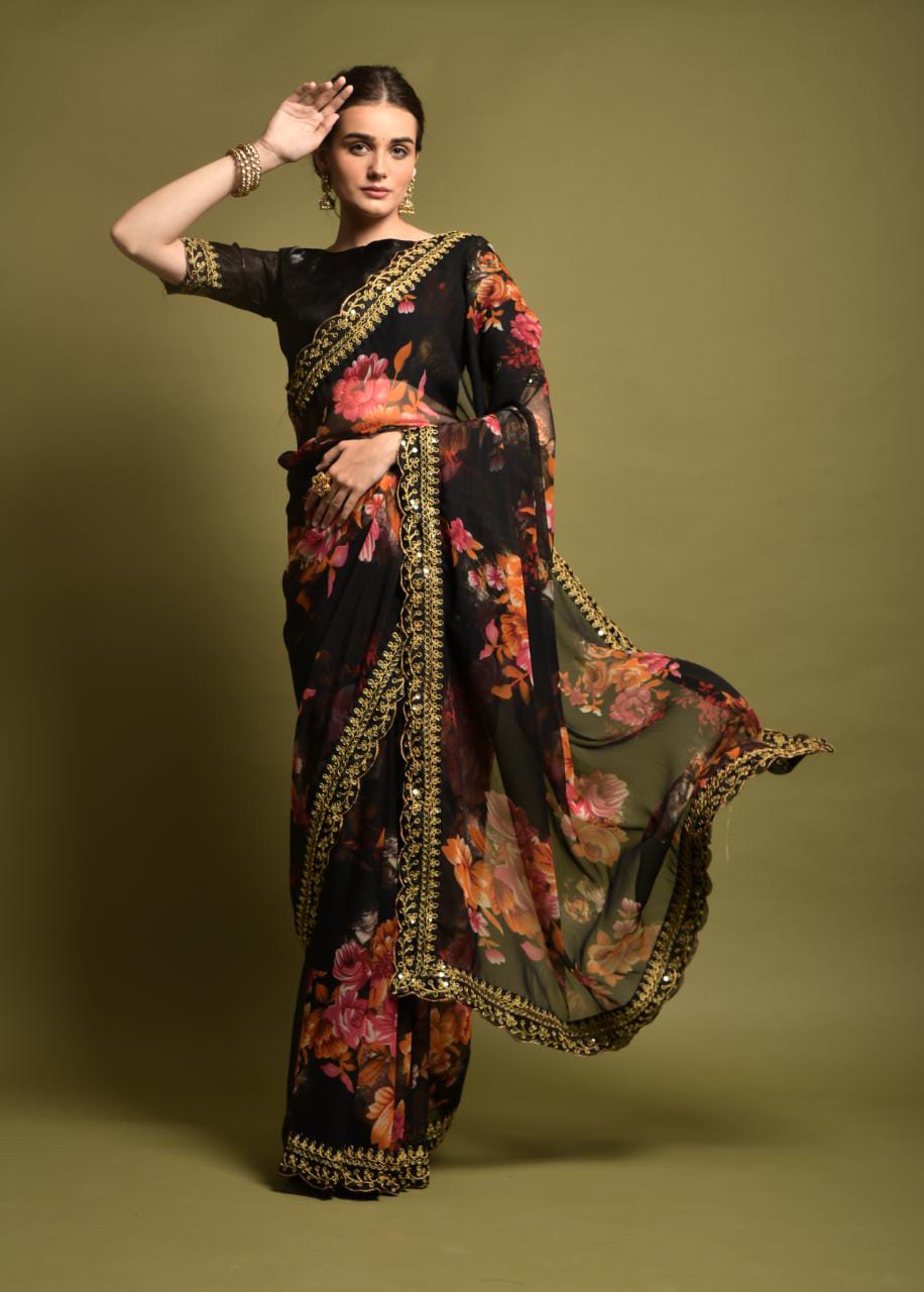 Beautiful Flower print with embroidery cut work lace Saree