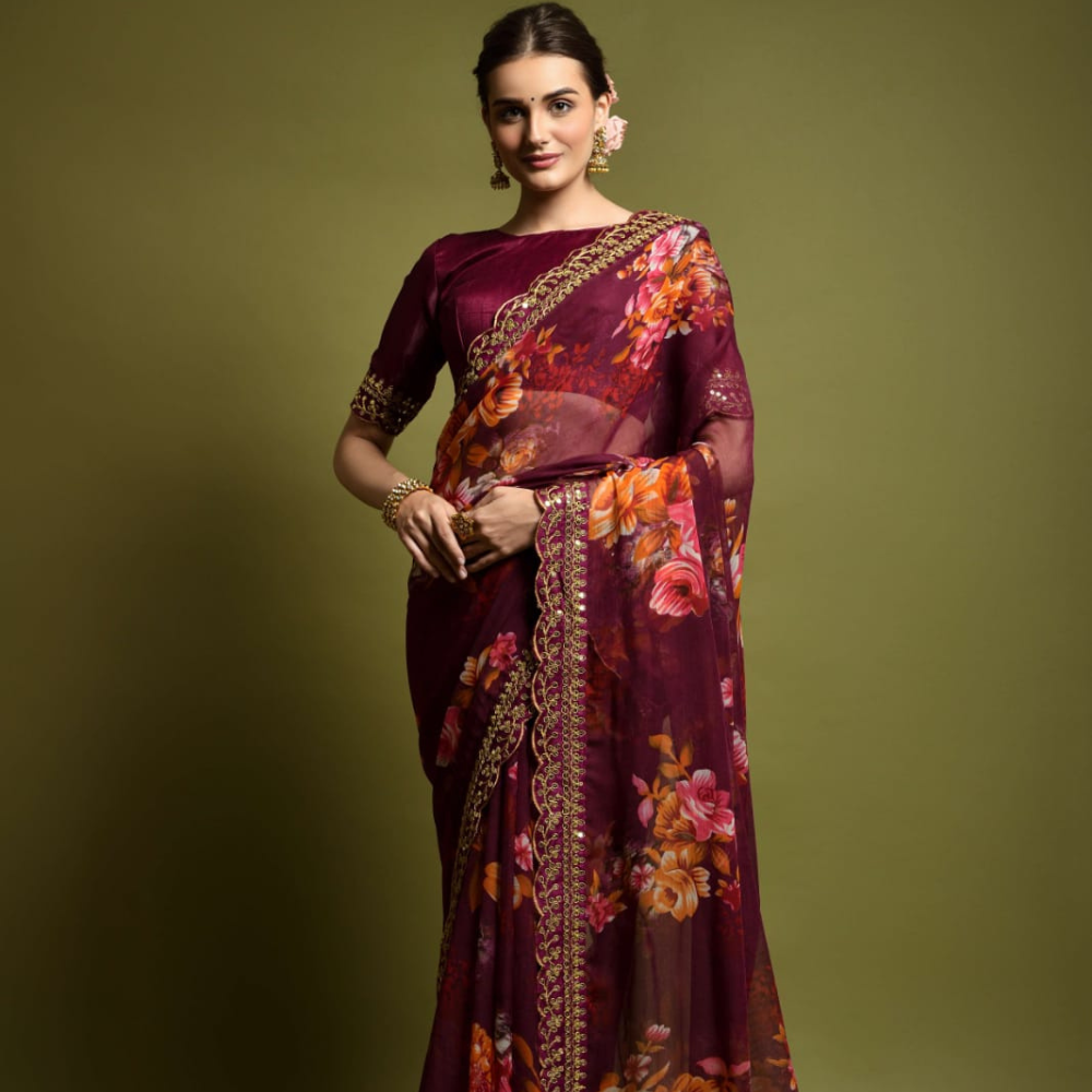 Beautiful Flower print with embroidery cut work lace Saree