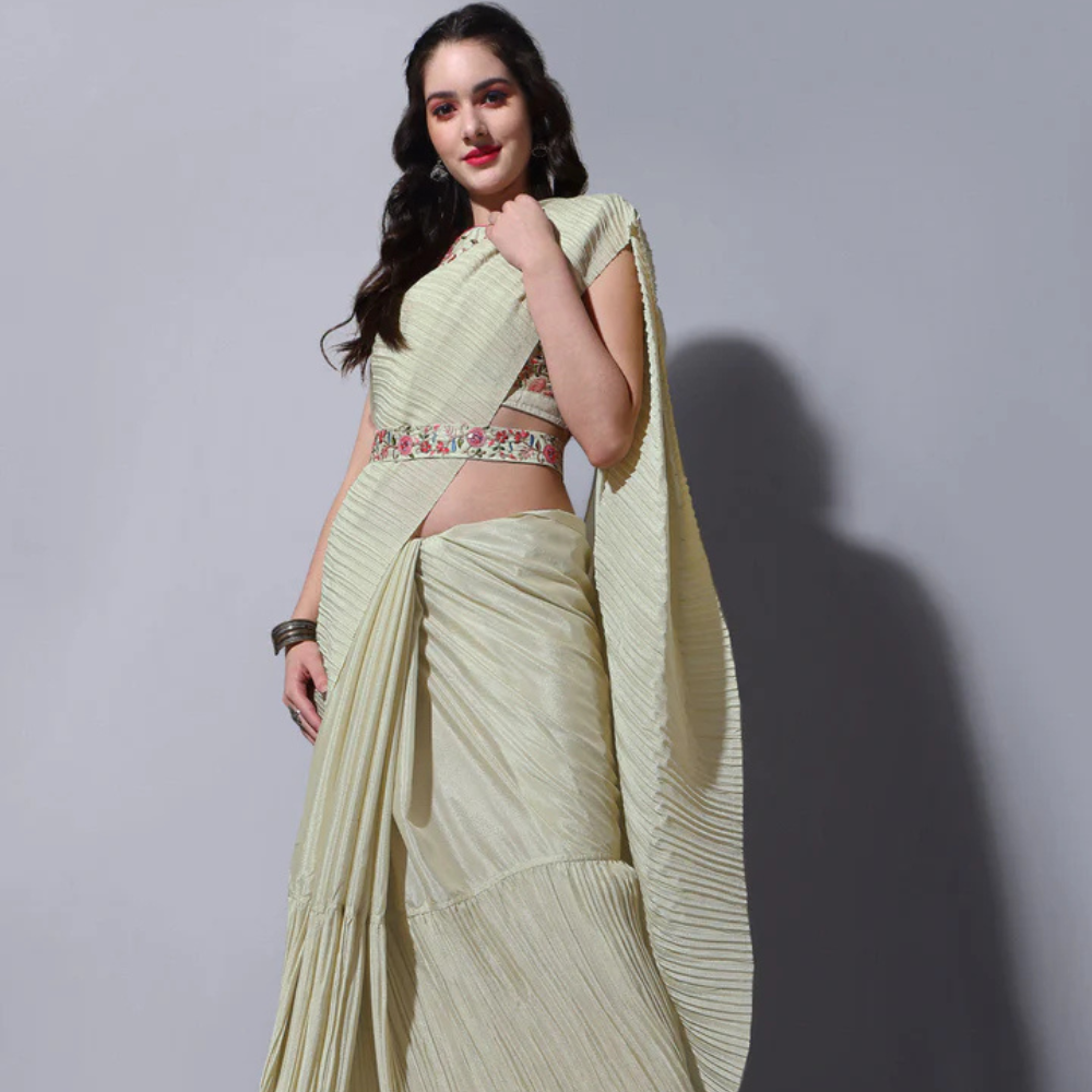 Women Crush Chinon saree with heavy multi sequins work blouse and Qamar belt