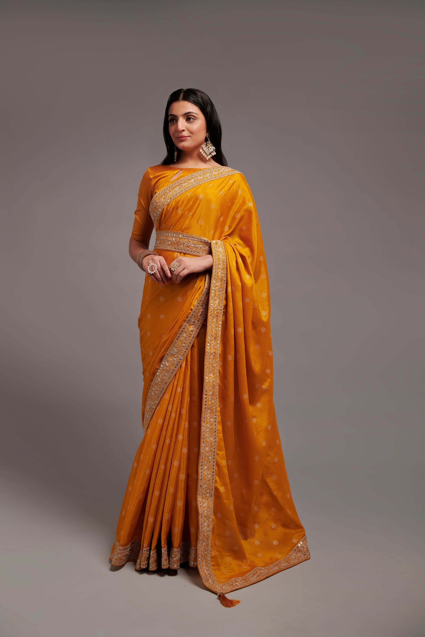 Mustard Sequins Semi Crepe Saree