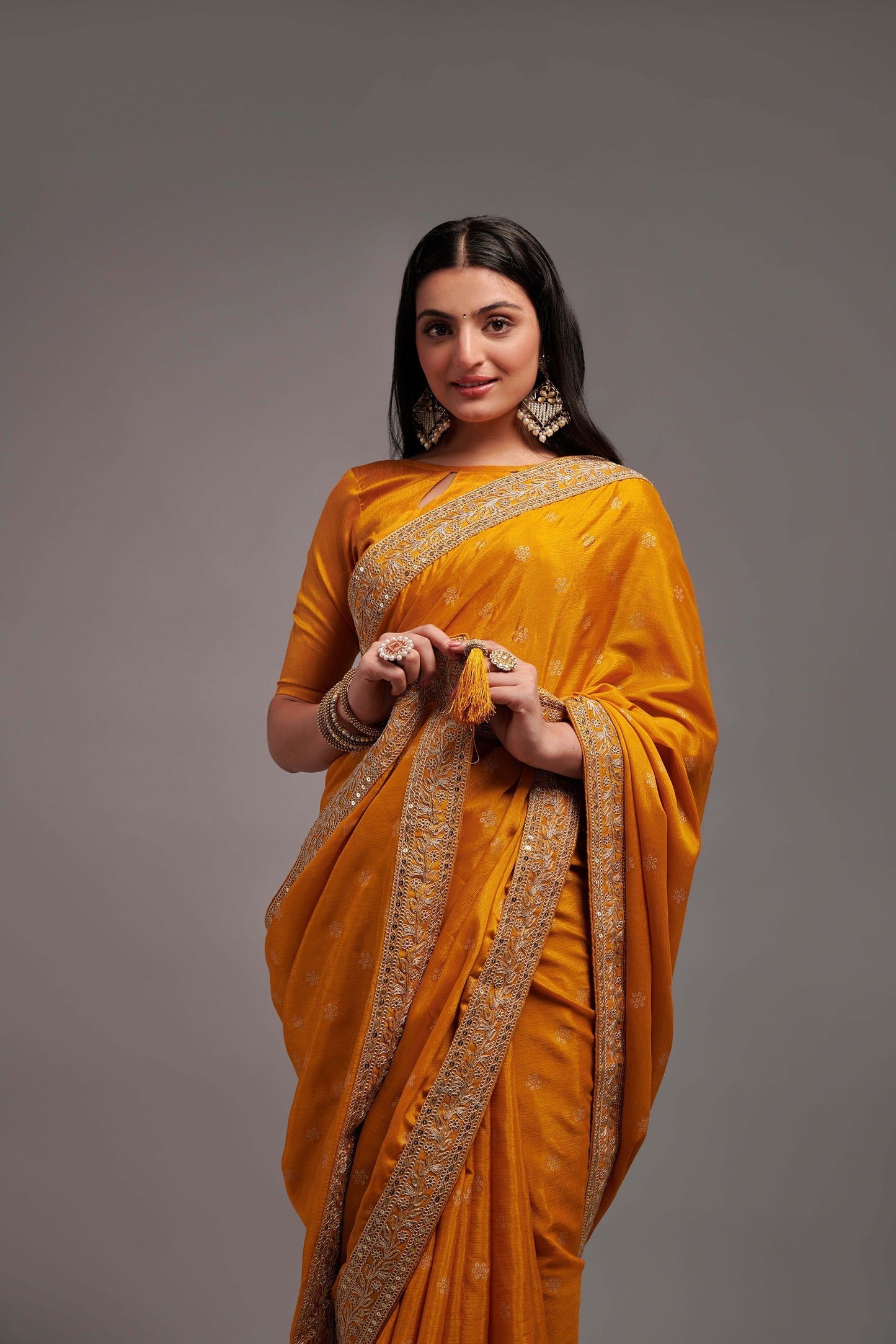 Mustard Sequins Semi Crepe Saree