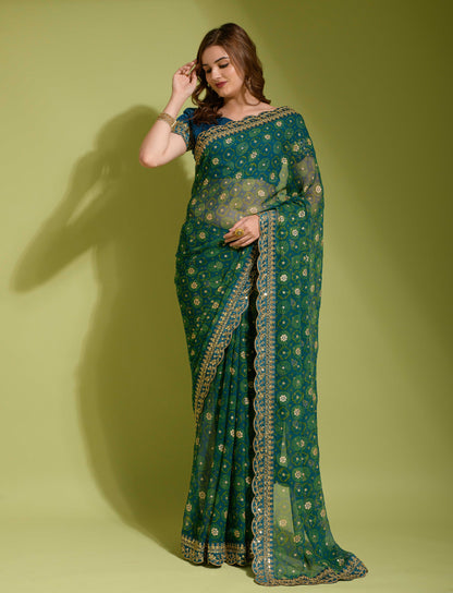 Beautiful Flower print with embroidery cut work lace Saree