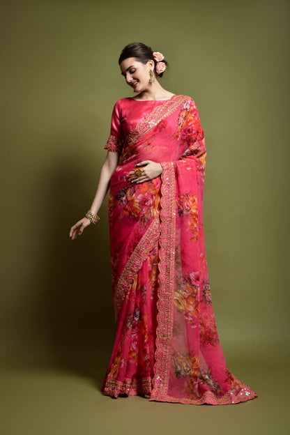 Beautiful Flower print with embroidery cut work lace Saree