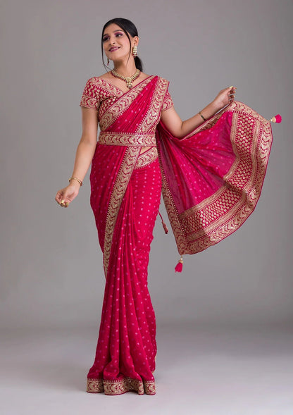 Heavy Pigment Chiffon saree with heavy zari embroidery sequins work lace and blouse With Belt