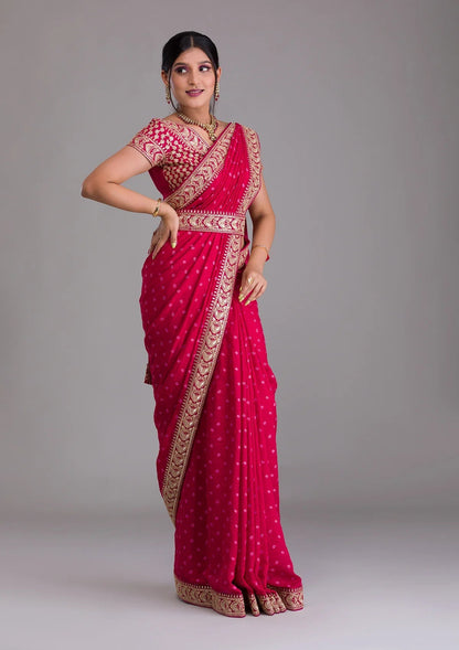 Heavy Pigment Chiffon saree with heavy zari embroidery sequins work lace and blouse With Belt