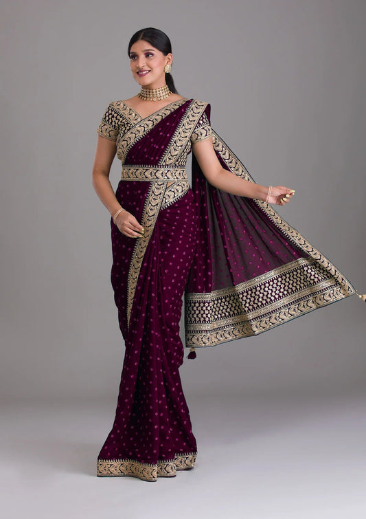 Heavy Pigment Chiffon saree with heavy zari embroidery sequins work lace and blouse With Belt