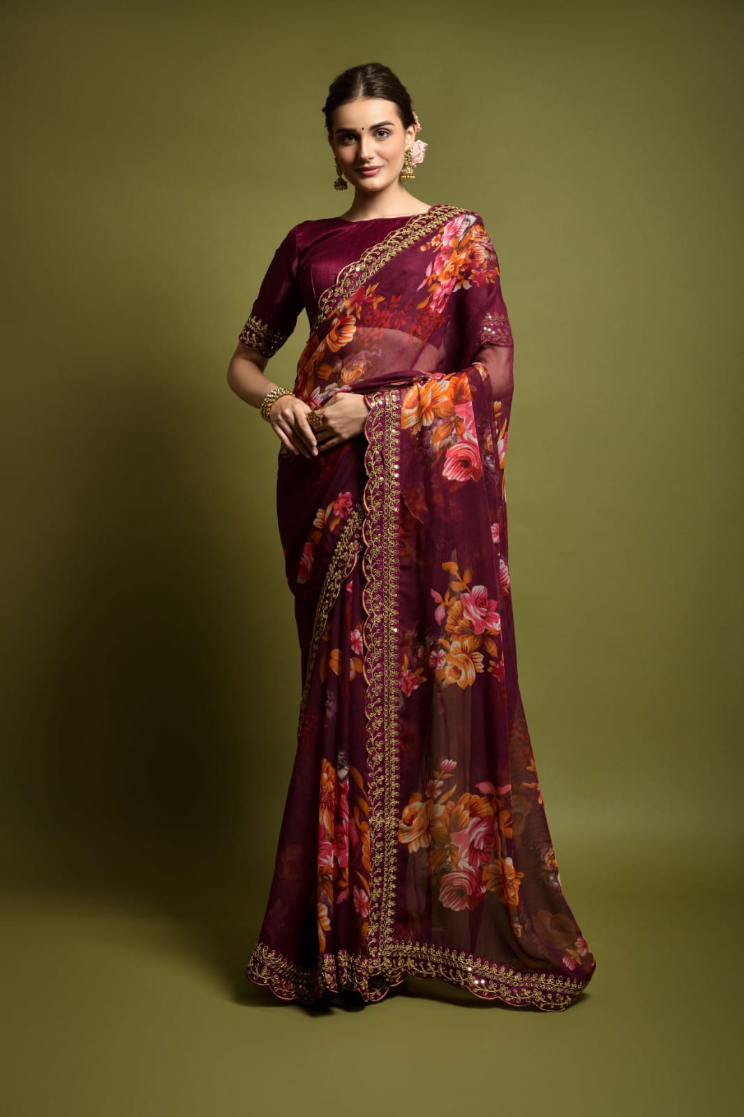 Beautiful Flower print with embroidery cut work lace Saree